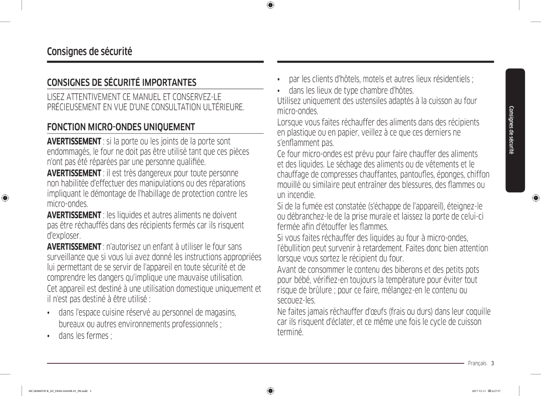 Samsung MC28M6055CK/EF, MC28M6055CS/EF, MC28M6035CK/EF, MC28M6055CW/EF, MC28M6035CS/EF manual Consignes de sécurité, Français  